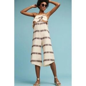 Cream and Brown Cropped Culotte Jumpsuit with Ruffled Overlay